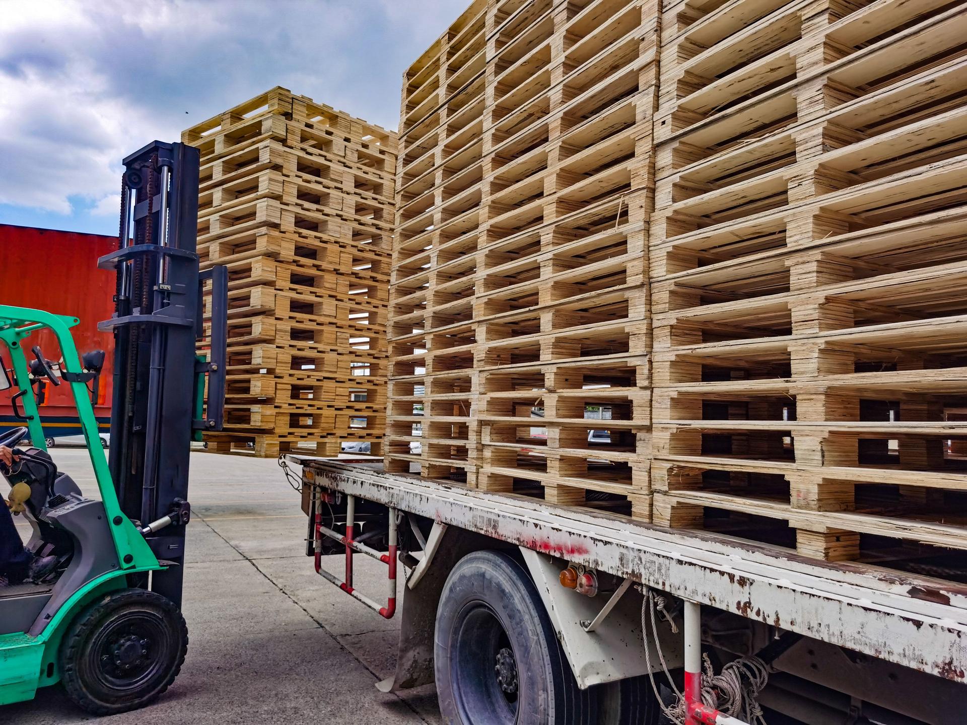 Worker driving forklift to loading and unloading wooden pallets from truck to warehouse cargo storage, shipment in logistics and transportation industrial, wood pallets stack